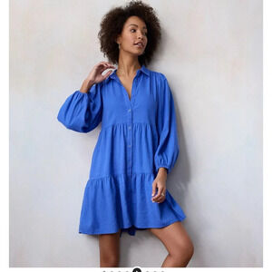 LC Lauren Conrad Button Front Tiered Long Sleeve Mini Shirt Dress blue sz S NWT